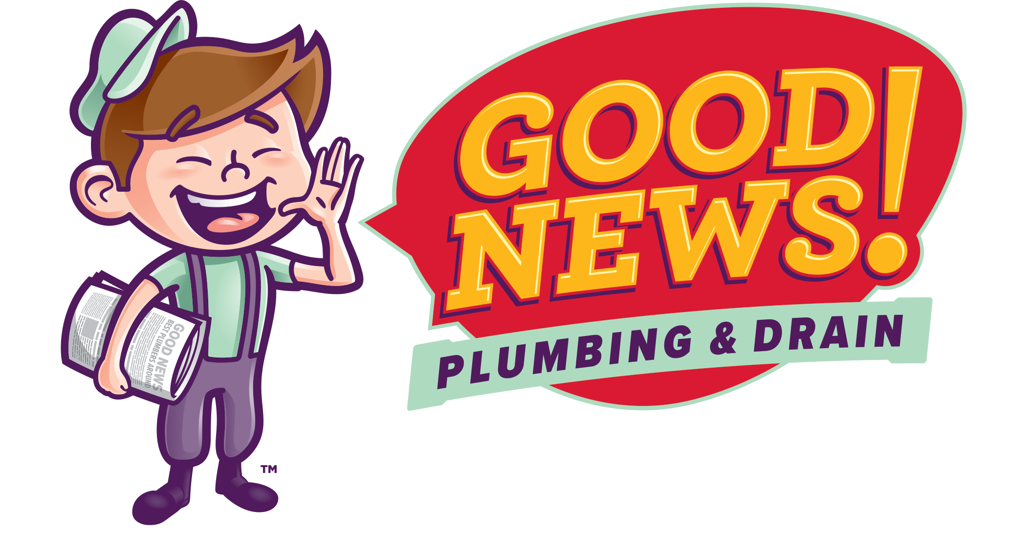 Good News Plumbing & Drain logo featuring a smiling, cartoon-style character holding a newspaper, with the company name in bold, colorful text.